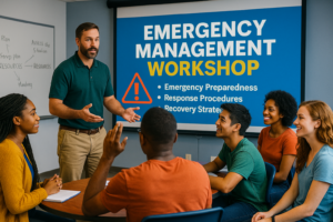 Students doing disaster preparedness exercise (opens full‑size image)
